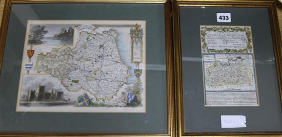A coloured engraving map of London to Chichester and a coloured steel engraving map of Durham, 18 x 11cm and 22 x 27cm